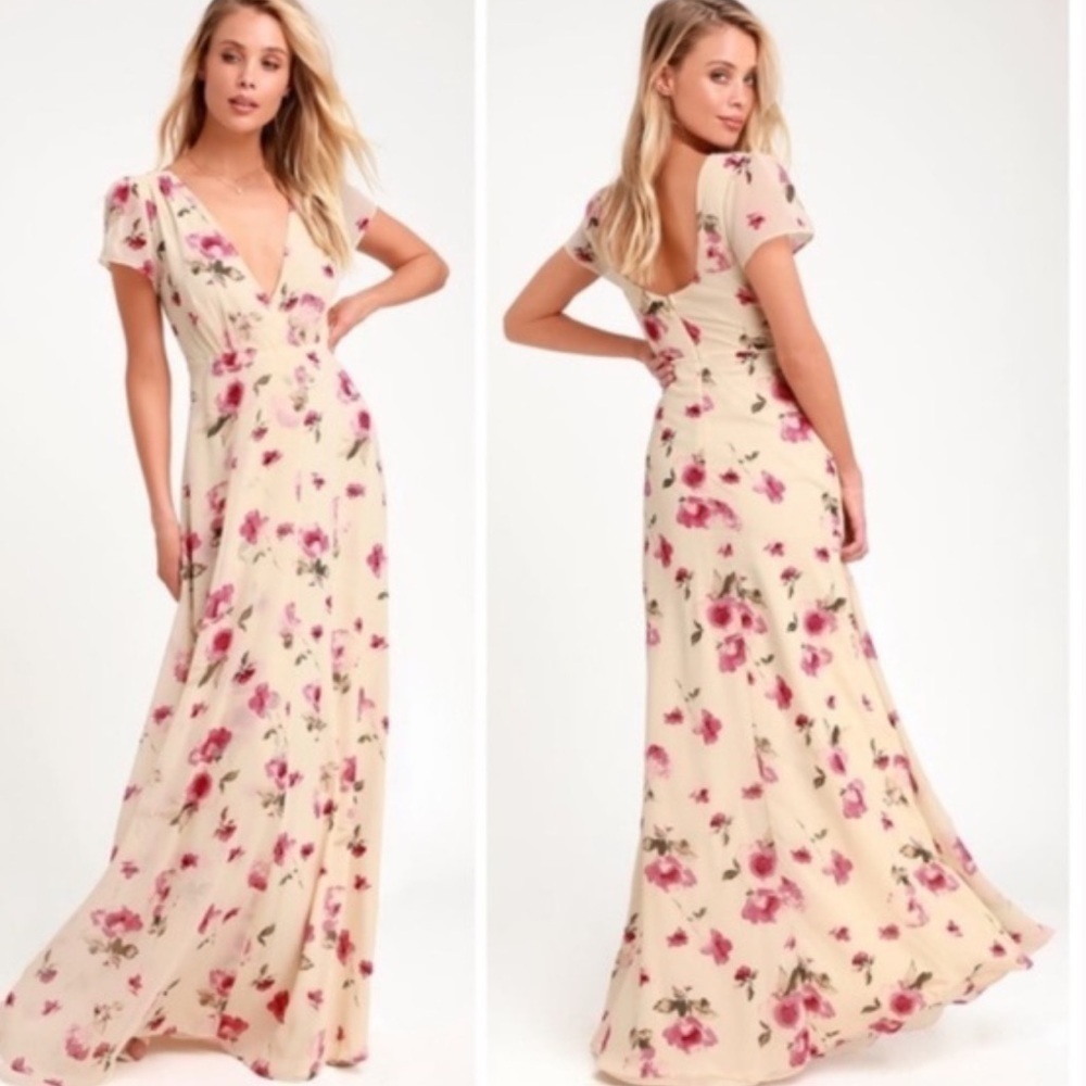 Lulus Gift of Love Cream Floral Print Short Sleeve Soft Girl Maxi Dress